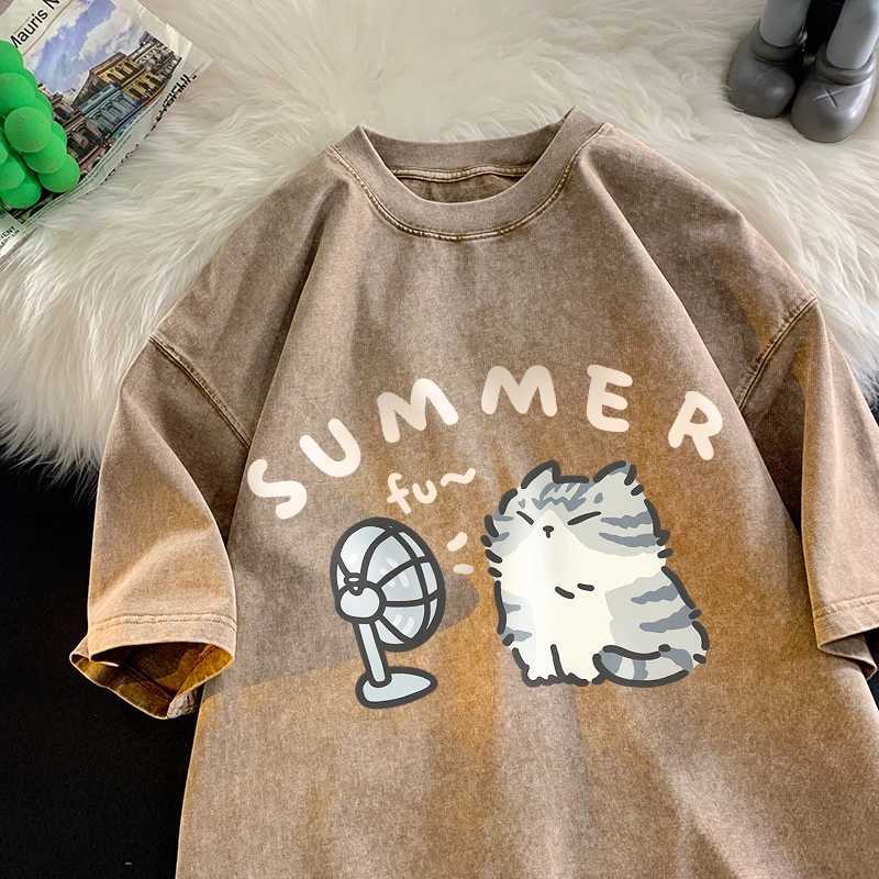 American street creative fan cat pure cotton T-shirt mens summer loose short sleeved couple retro washed topXJ250409