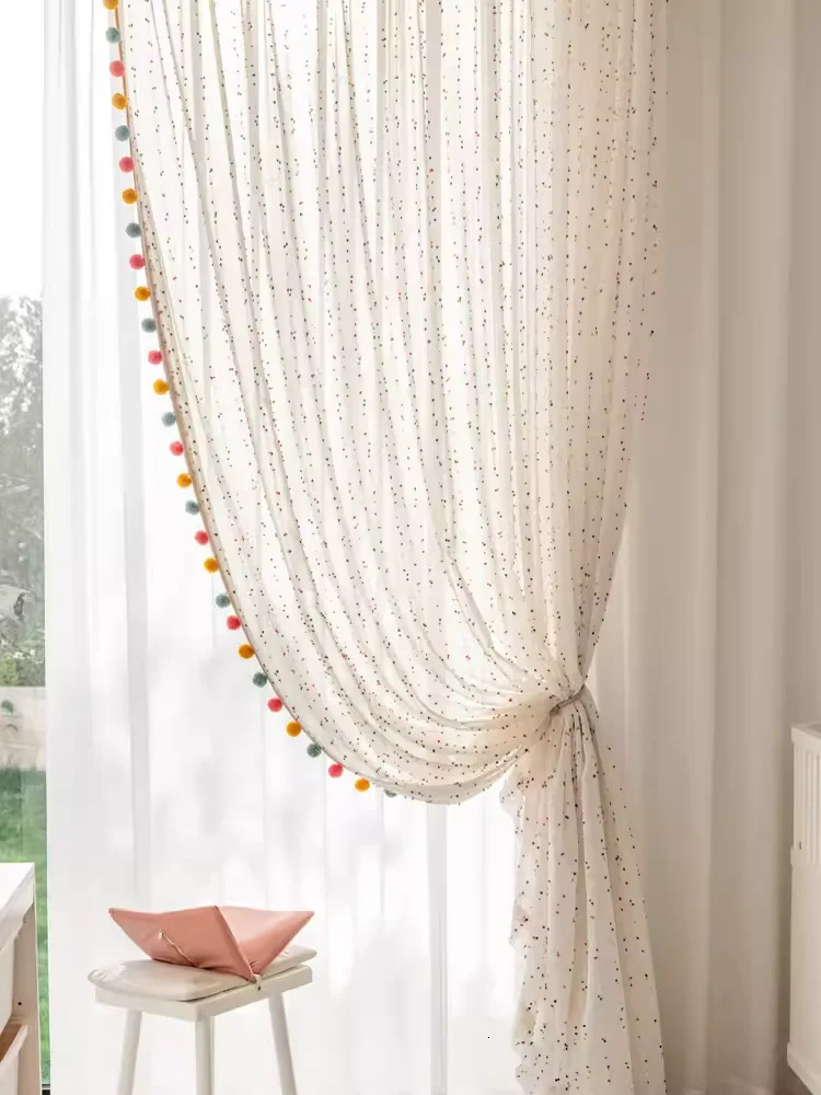 Retro Cotton Linen Rainbow Ball Linen Cream Style Bedroom Living Room Childrens Room Cotton Linen Curtains Folded Custom Curtains 250409