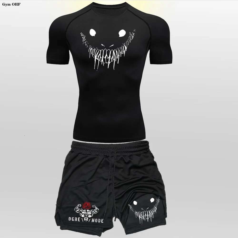 Anime Funny Face 2 in 1 T Shirt Suits Men's Fiess Breathable Second Skin Compression Shirts Sets Gym Double Deck Shorts