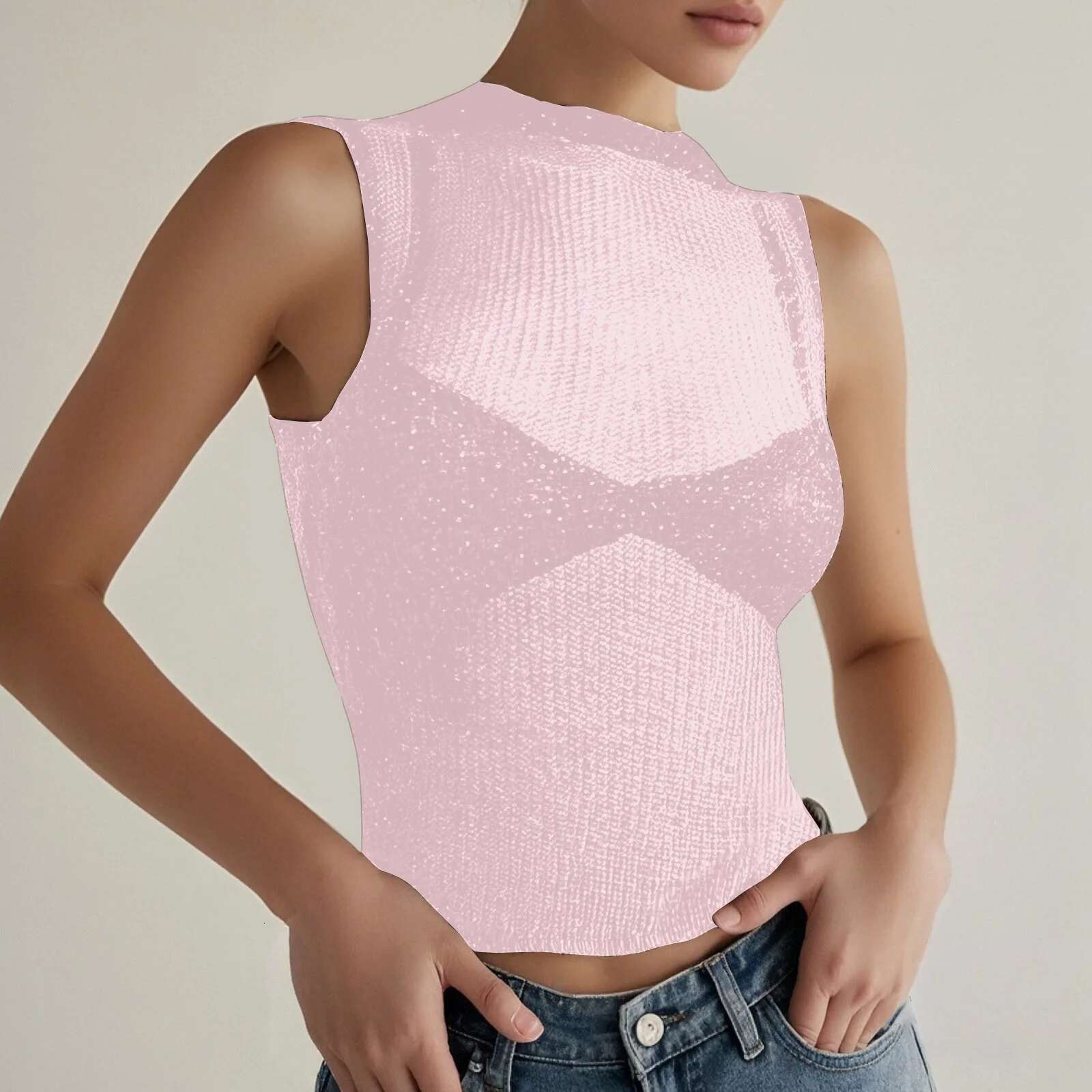 Dongdumaoyi Y K Women S Sleeveless Slim Fit Tops Casual See Through Vest Corect Sequin Scoop Neck Tank Top Glitter Outfits Women S Tight Underwear