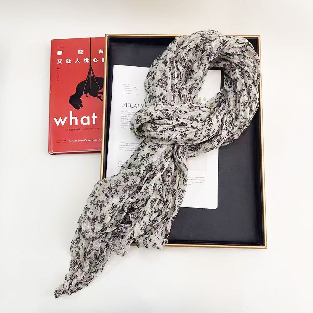 T440 literary retro cotton and linen floral scarf warm new style pleated autumn and winter color matching ethnic all-match shawl neck scarf