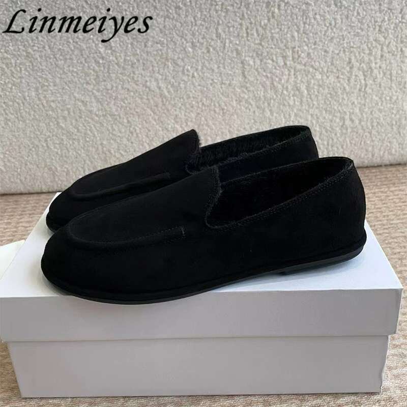 New Suede Leather Loafers Woman Round Toe Slip-on Casual Flat Wool Warm Winter Outdoors Walk Shoes Women