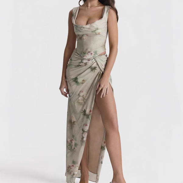 P45European and American Style Printed Sleeveless Mini Dress with Side Slit