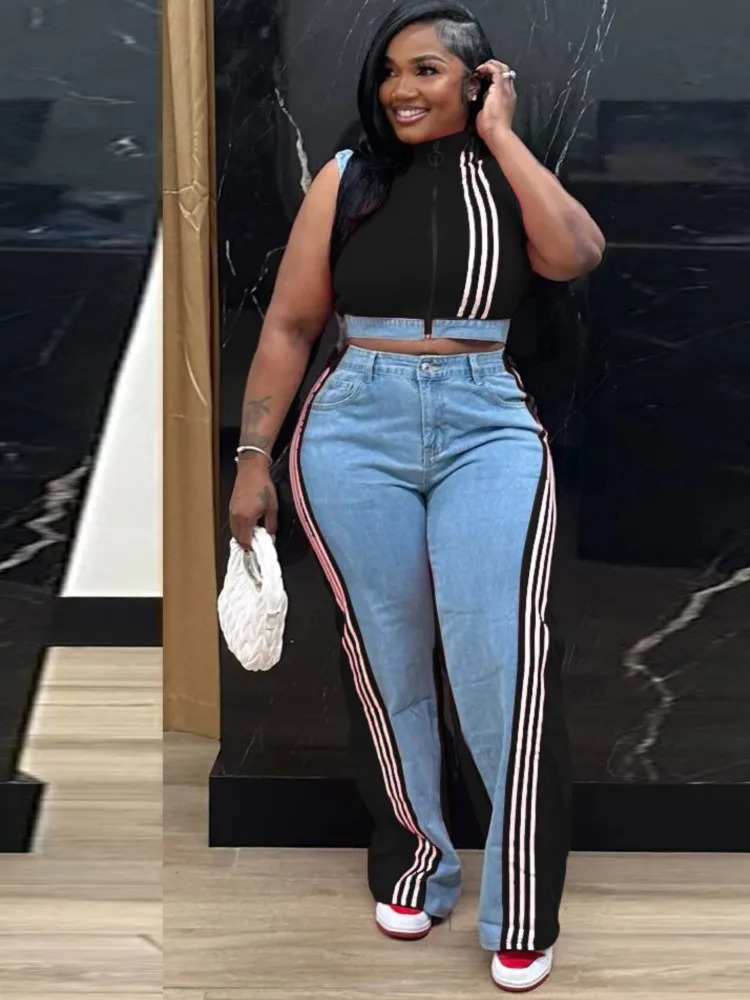 2 Pieces Womens Sets Spring Summer Denim Sleeveless Suit Tops And Wide Leg Pants Suits Two Piece Set Tracksuit Outfit 250408