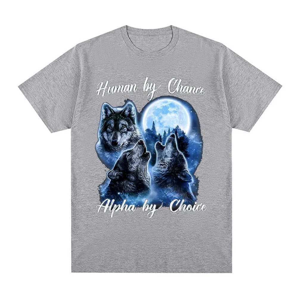 Human by Chance by Choice Wolf Graphic T-shirt Mens Fashion Hip Hop Retro Short SLeeve T-shirt Cotton Oversized T-shirtXJ250409