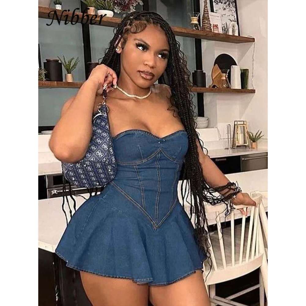 Nibber Denim Pleated Mini Dress Women Solid Wrapped Chest Sleeveless Classic Summer Trend Vestidos Female Concise Street Robe