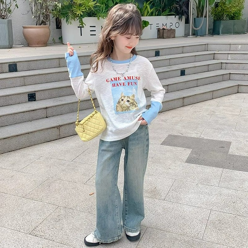 Ddmyshoesvip Spring And Autumn New Fashionable Medium Large Children S Color Contrast Long Sleeve Base T Shirt Trendy Printed Little Girls Top