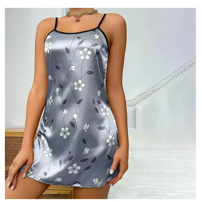 Womens sexy suspender night dress womens lingerie silk satin pajamas floral flat mini 250409