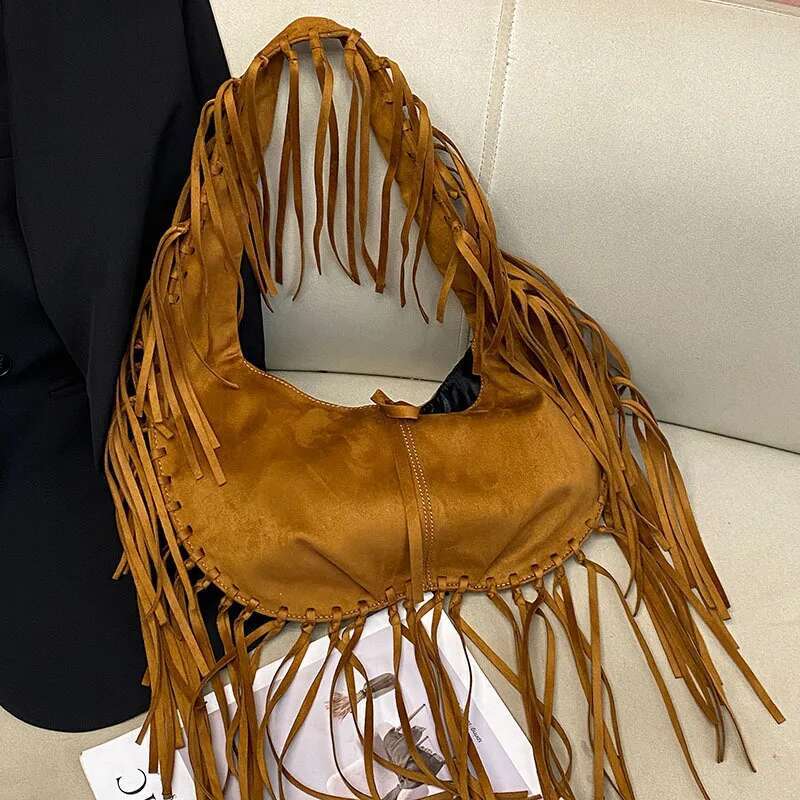 Trendy Tassel Woven Large Capacity Tote Crescent Shaped Trendy Single Shoulder Women's Casual Simple Crossbody Dumpg Bag