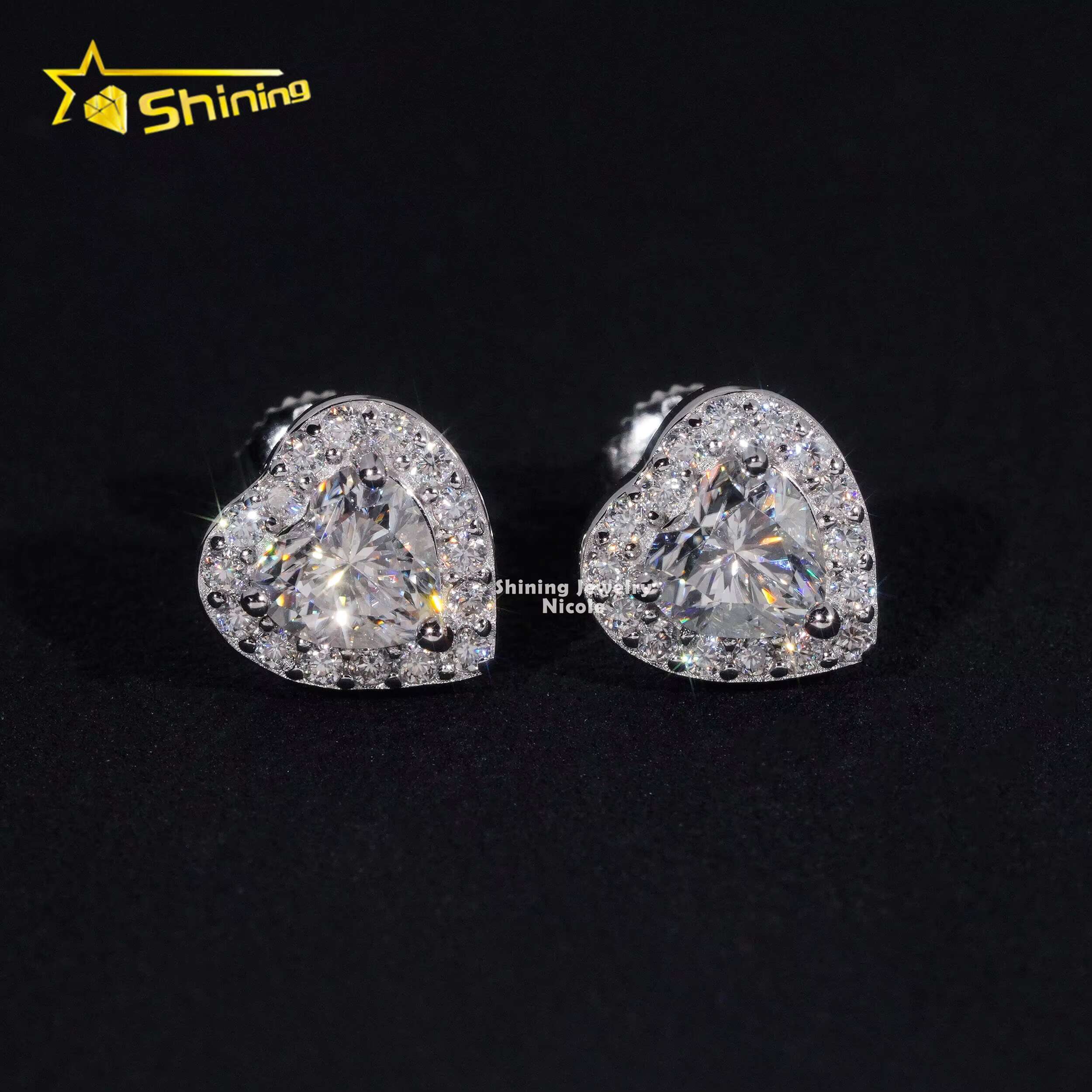 Hip Hop Style High Quality Wholesale Price 925 Sterling Silver Moissanite Stud Heart Earrings