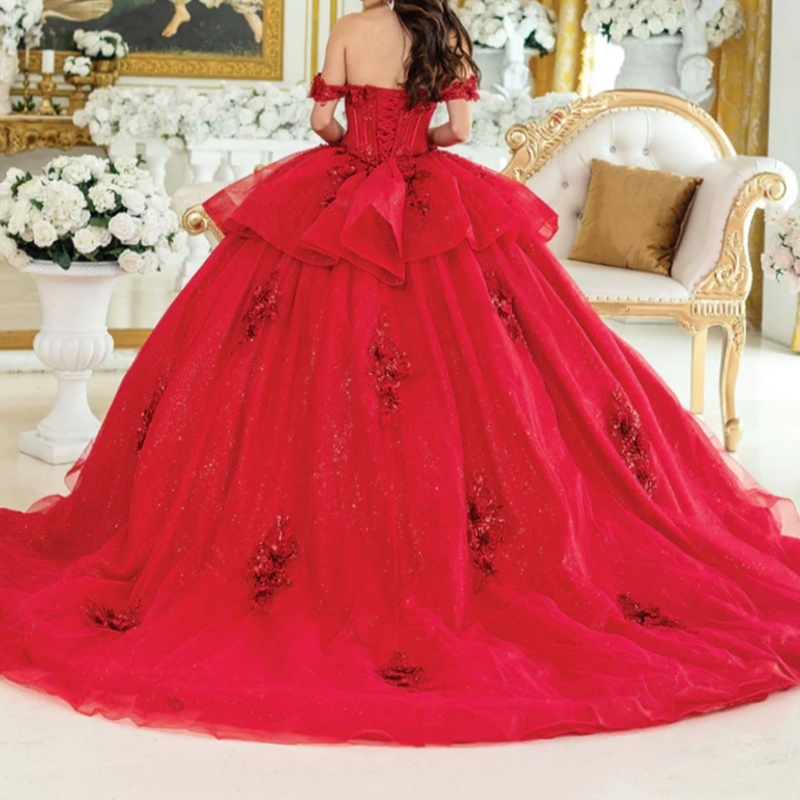 Red Shiny Princess Quinceanera Dresses Off Shoulder Applique Lace Beading Crystal Tull Sweet 16 Dress Ball Gown Vestidos 15 De Anos