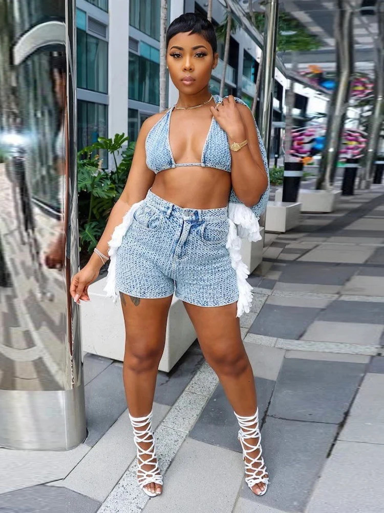 Set of 3 womens summer camisole vest shirt and shorts set sexy denim jeans wholesale 250409