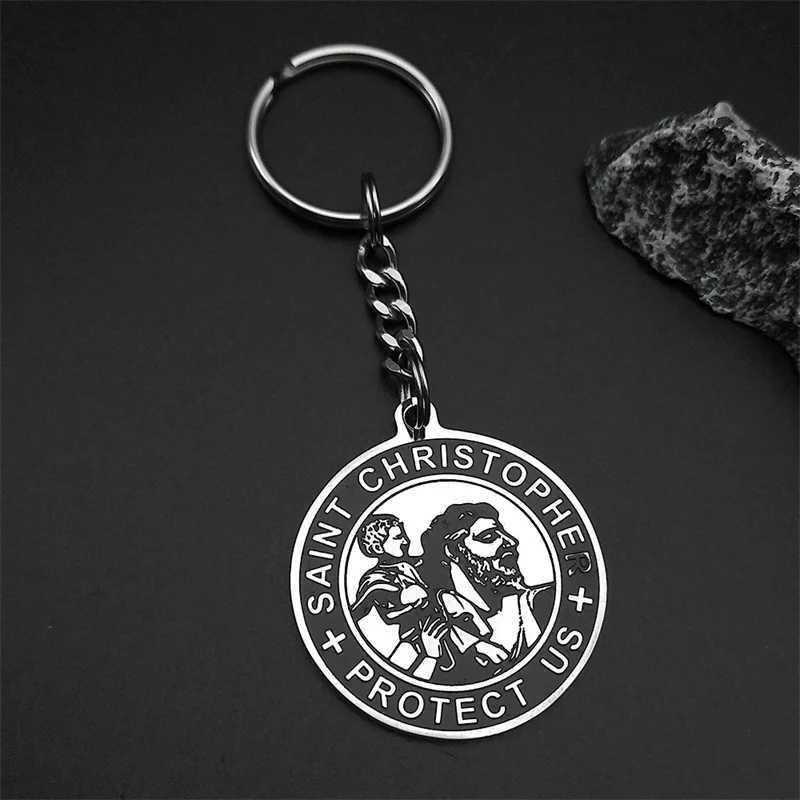 St. Christopher Protect Us Womens Medal Keychain Mens Stainless Steel Orthodox Angel Catholic Keychain Jewelry GiftXJ250409