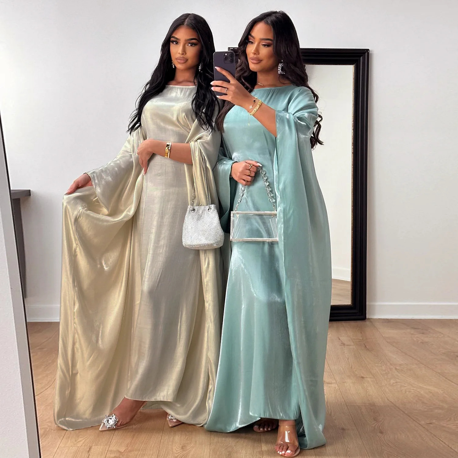 Eid al Fitr Batwing Butterfly Satin Abaya Dubai y Muslim Kaftan Maxi Dress Womens Marocain Vestdos 250409