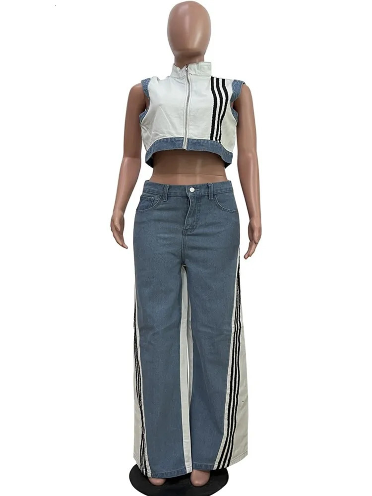 2 Pieces Womens Sets Spring Summer Denim Sleeveless Suit Tops And Wide Leg Pants Suits Two Piece Set Tracksuit Outfit 250408