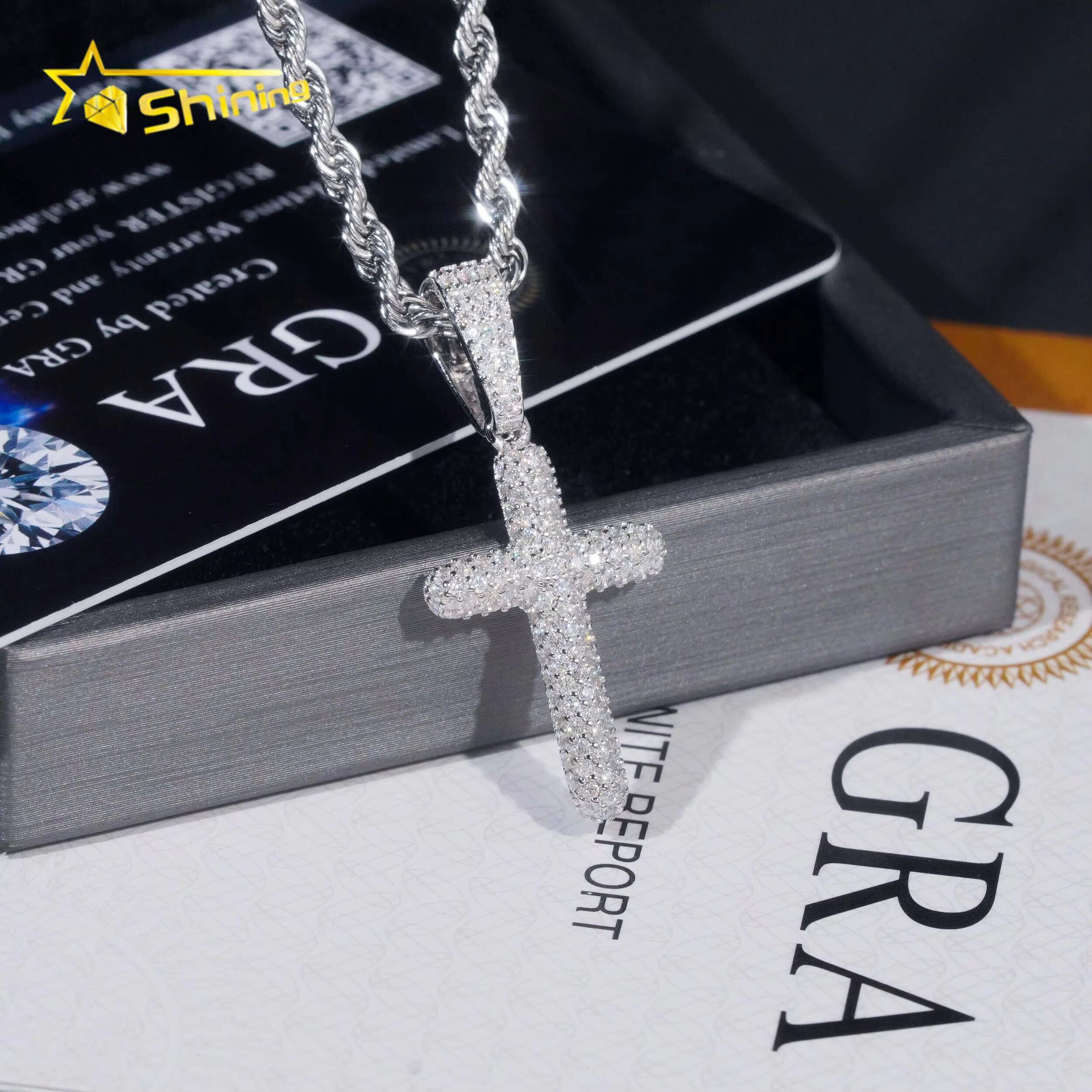 Hip Hop Jewelry 925 Sterling Silver Men Pendant Diamond Iced Out Bubble Cross Pendant Moissanite