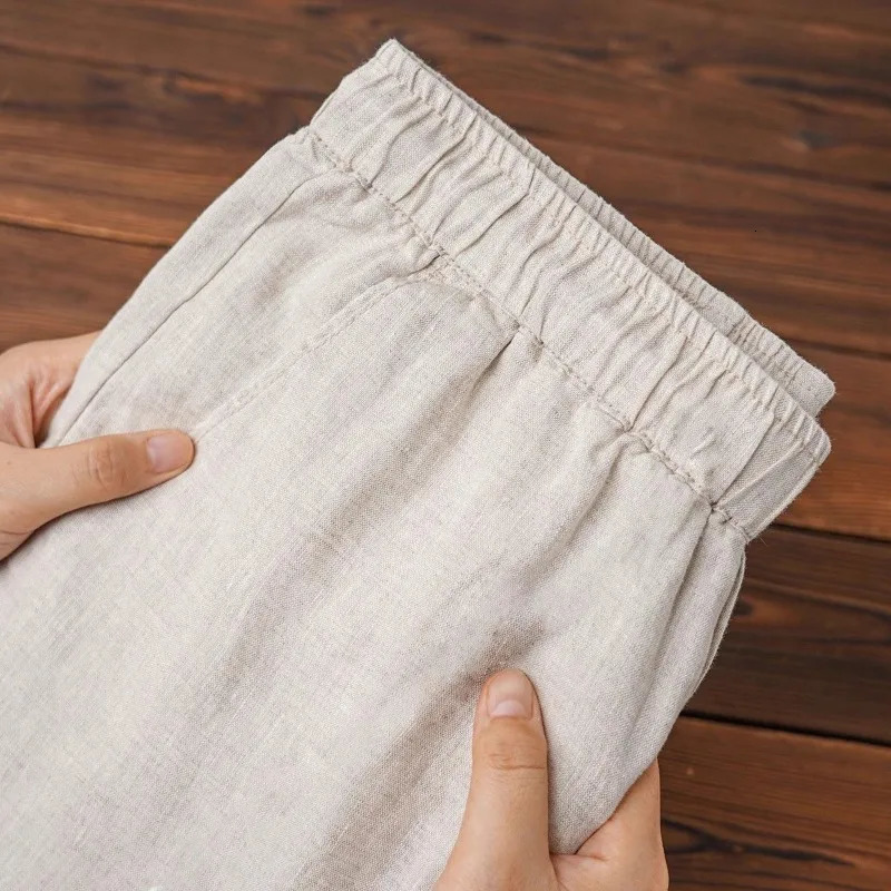 Mens Linen Pants Solid Color Breathable Lightweight Streetwear Drawstring Cool Absorb Sweat Loose Beach Casual Ninth Pants 250408