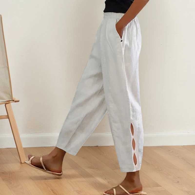 Retro pure cotton linen pants spring summer elastic waist pocket button side Trouser legs hollow Trouser womenXJ250403