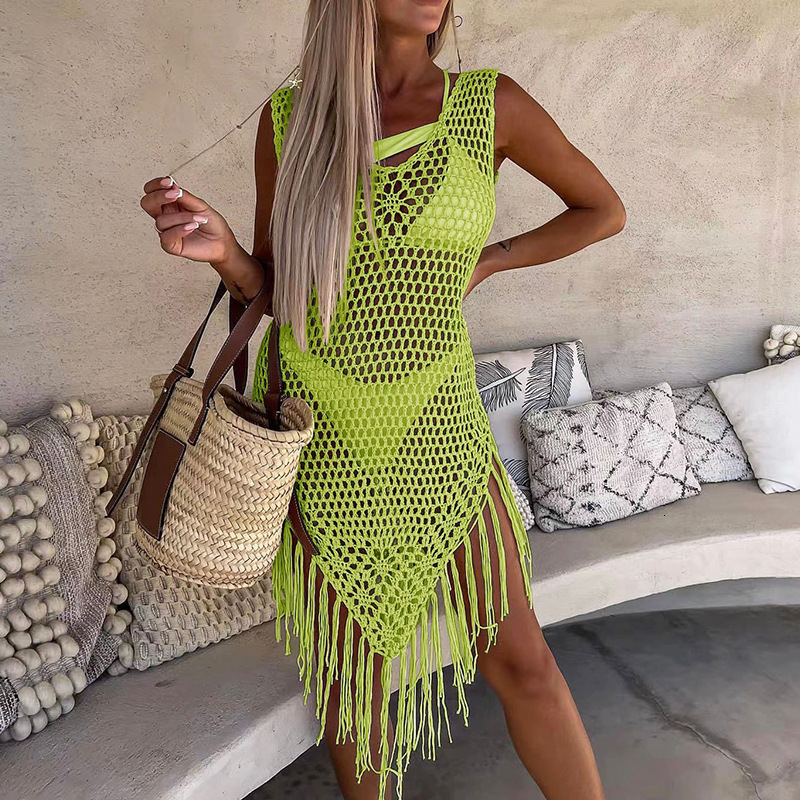 2025 Summer New Beach Skirt Womens Tassel Solid Color Knitted Beach Bikini Swimsuit Hoodie Dress