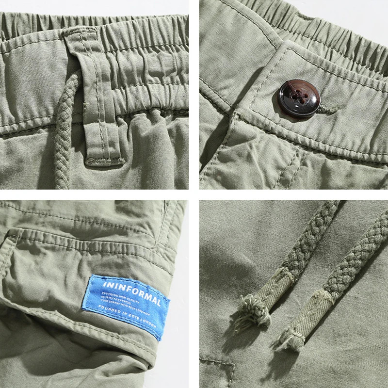 Mens summer retro cotton cargo shorts mens multi pocket Bermuda beach solid jogging 250409