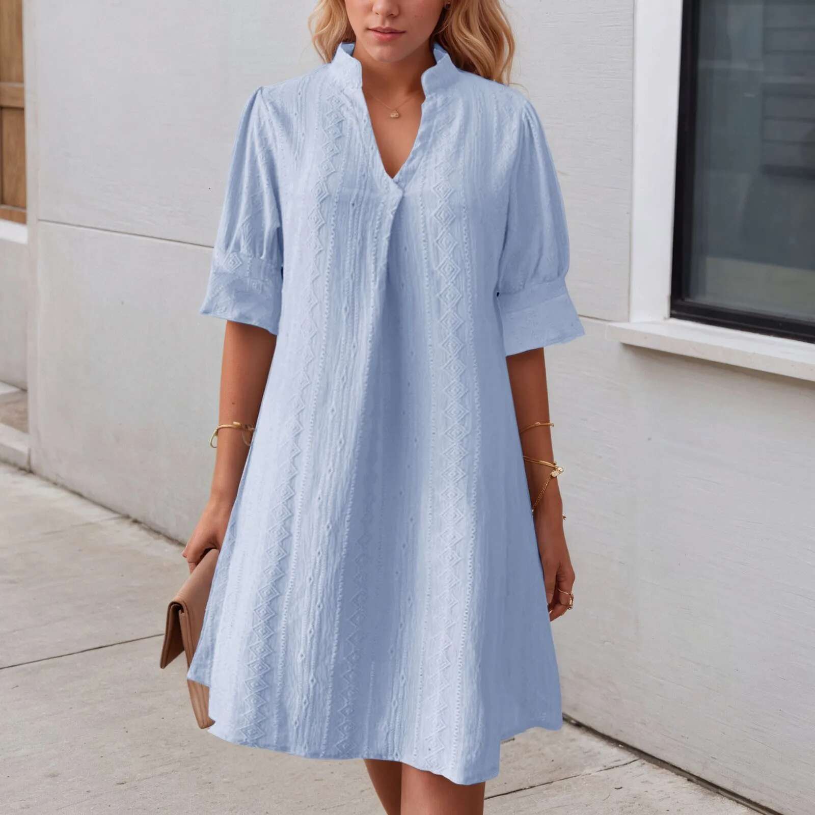Dongdumaoyi Women Casual Dress Solid Color Jacquard Sleeveless V Neck Loose Half Sleeve Fit Short Vacation Sundress Summer