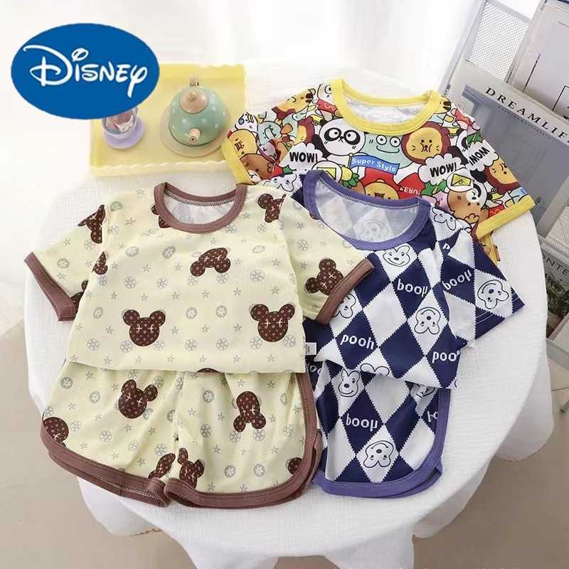 Disney Childrens short sleeved shorts set for boys and girls summer thin home clothes for babies cartoon and stylish ice silk two piecesXJ250409