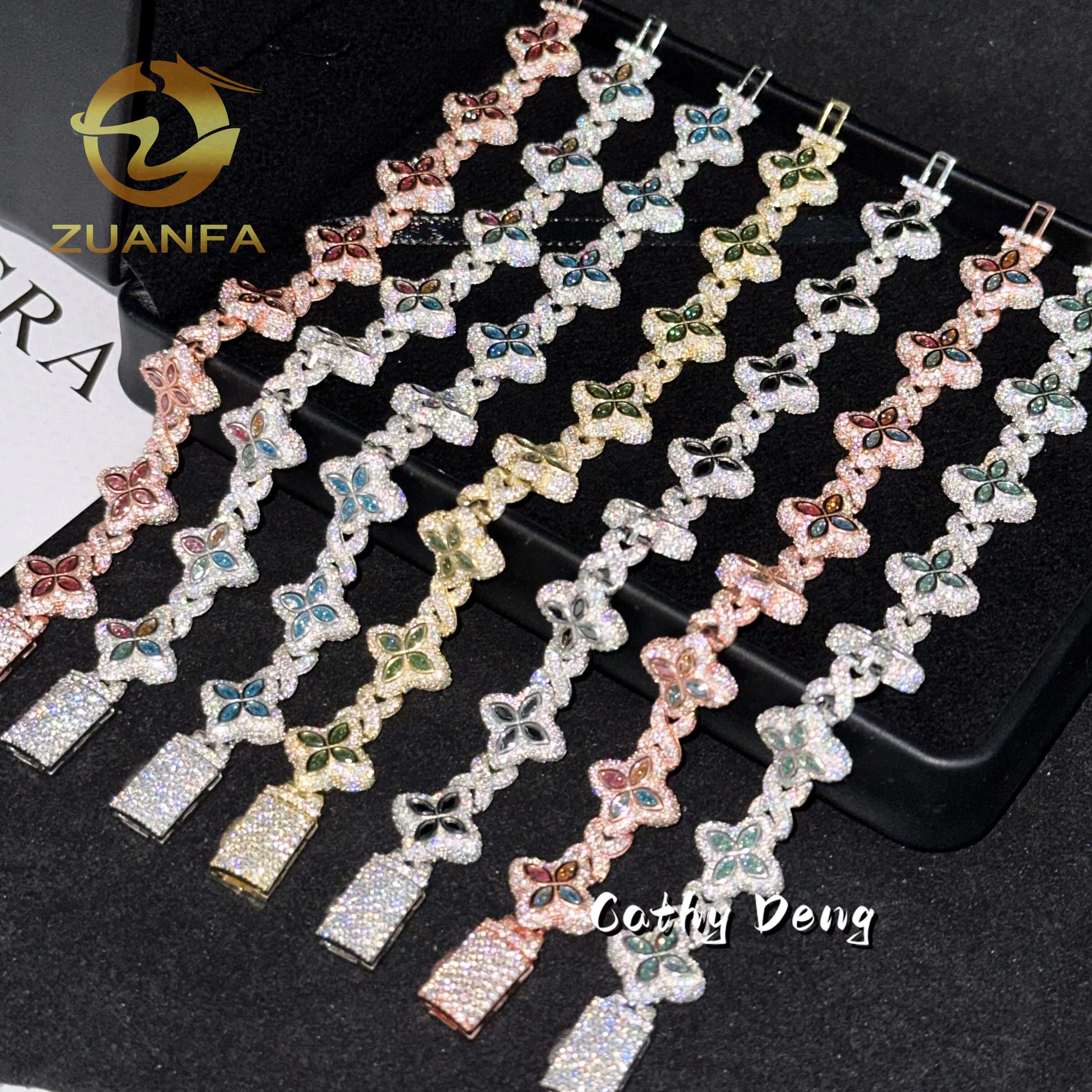 New 15mm Marquise Flower Design Hip Hop Jewelry Iced Out Unisex Moissanite Cuban Link Chain 925 Silver Moissanite Bracelet