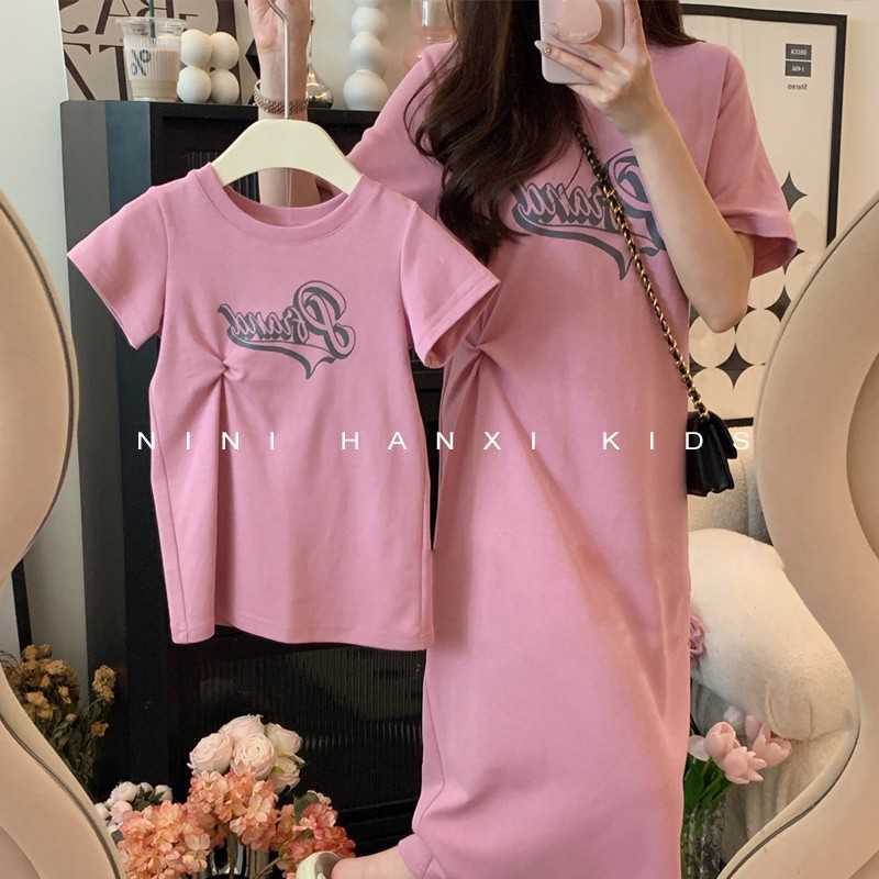 Korean version childrens clothing parent-child mothers clothing summer letter knot style straight tube dress girls loose casual T-shirt skirt S2548