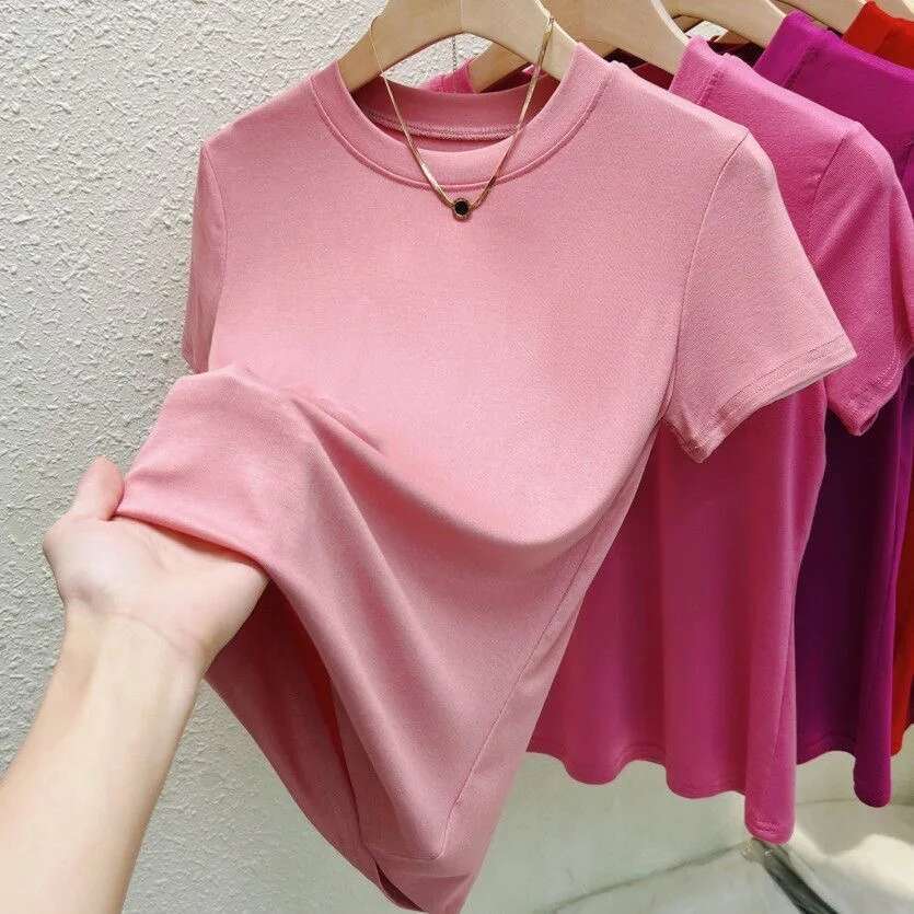Women's Elastic Crew Neck T-Shirt Solid Ribbed Pink Short Sleeve Tight Bottom Basic Shirt Casual Sexy Slim Summer Tops Tee