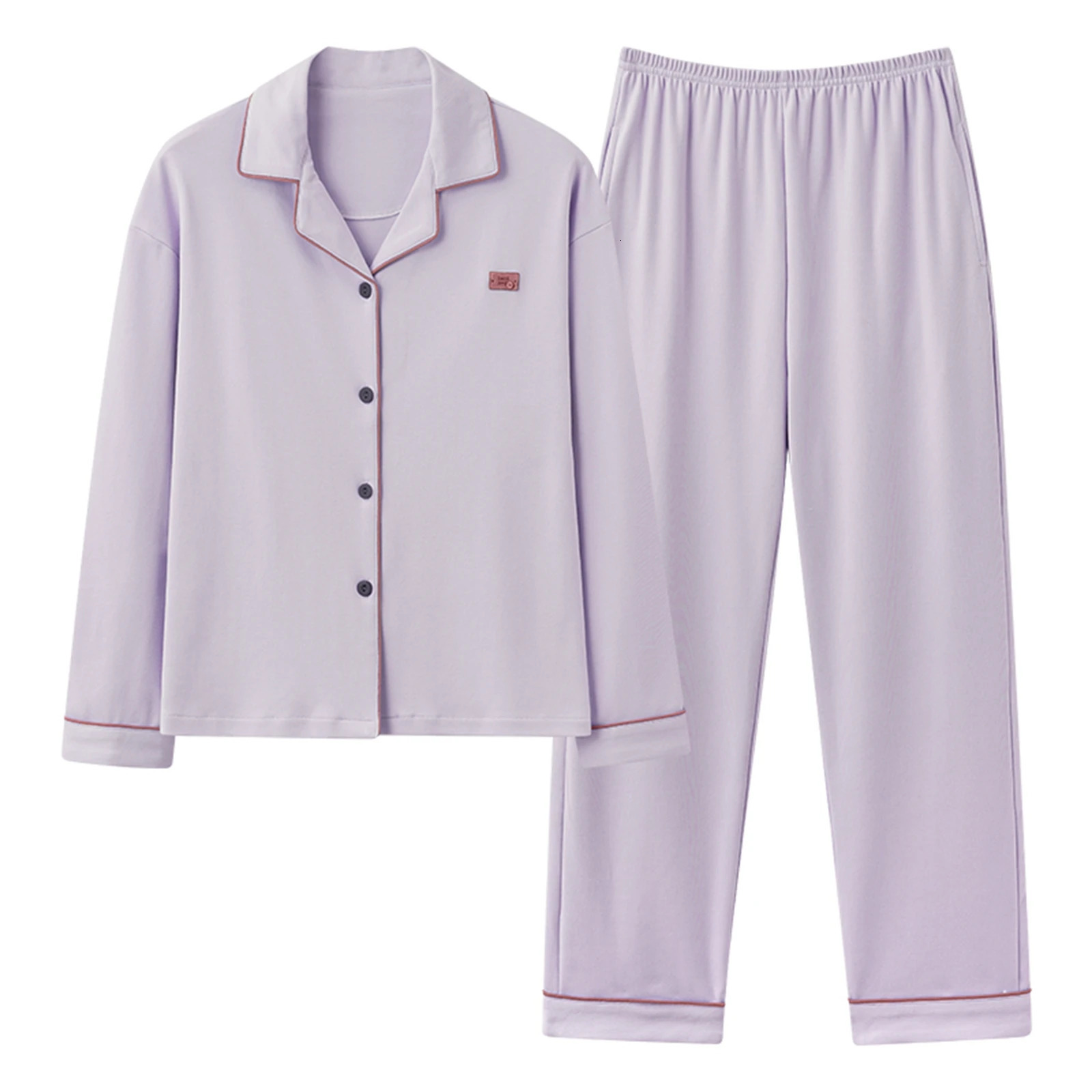Womens sleepwear 100% pure cotton long sleeved purple elegant womens set highquality 250409