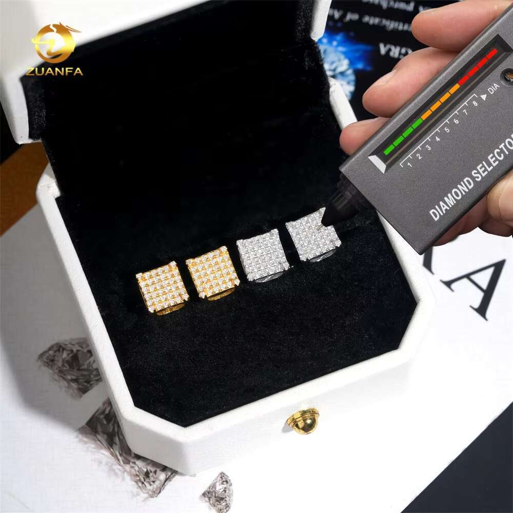 Hip Hop Square Stud 925 Sterling Silver Men Screw Back Iced Out Moissanite Earrings