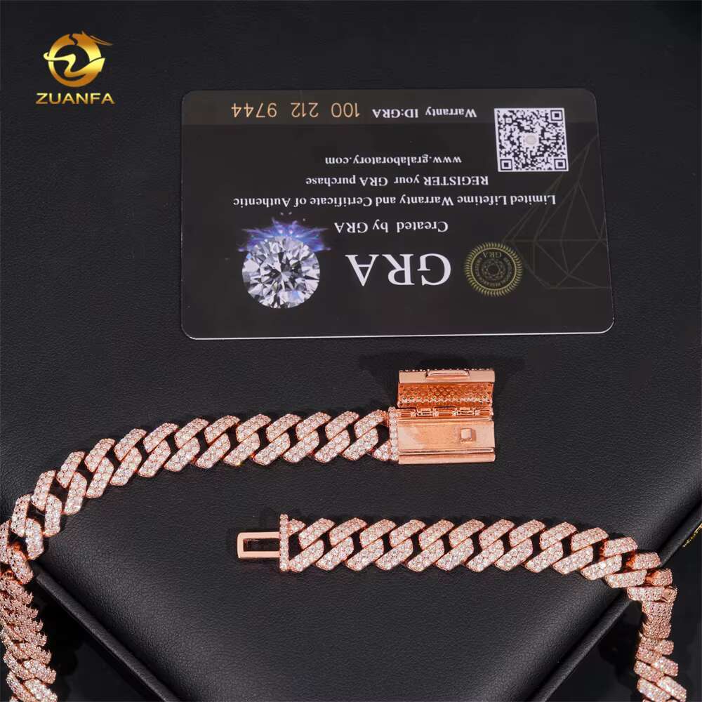 Cheap Price 2rows 10mm Cuban Chain Rose Gold Plated GRA Moissanite 925 Sterling Silver Necklace Cuban Link Chain Fine Jewelry