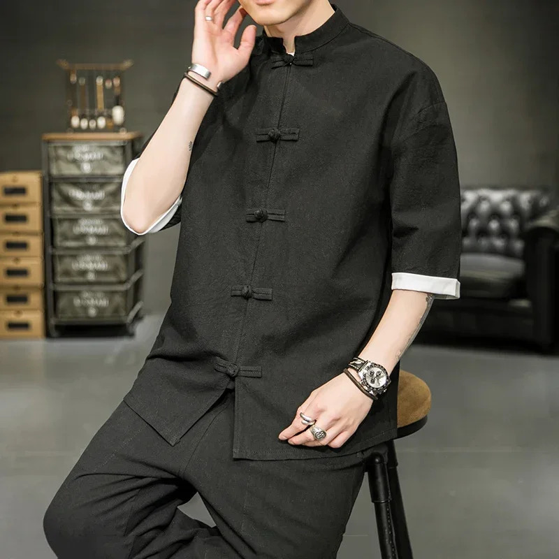 Japanese Style Shirt Mens Summer Chinese Stand Up Collar Yukata Kimono Samurai Wear Colour Blocking T-shirt Hanbok Casual Coat 250408