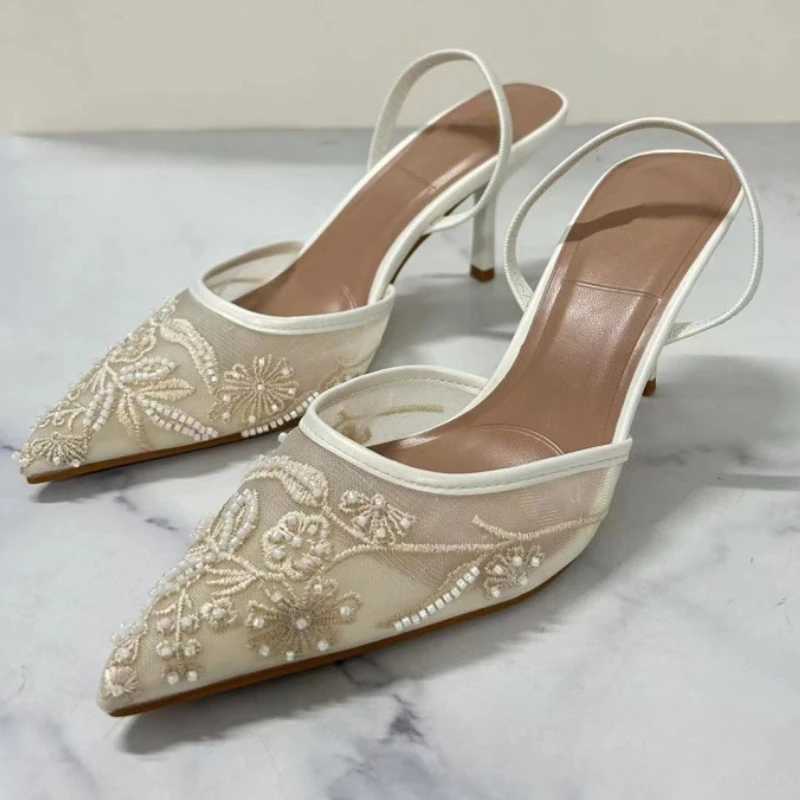 New Arrival Mesh Embroidered Flower Stiletto Sandals for Womens 2025 Summer Sexy Bounce Back Corner Toe Pump Dress Sandalia De Mujer T250409