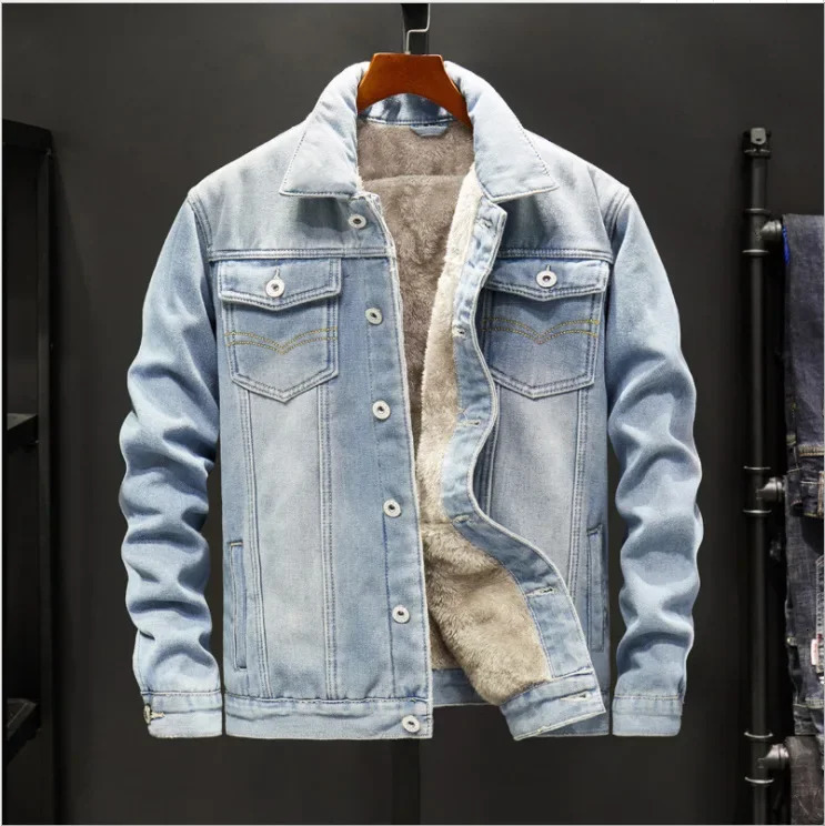 Mens denim jacket single chest cardigan lapel loose solid pockets casual thick patchwork buttons 250409