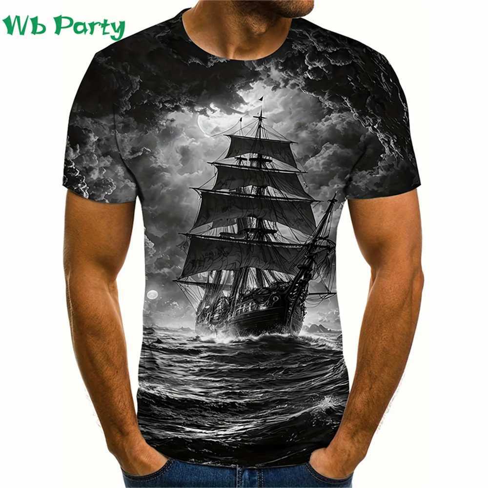 Pirate ship pattern printing mens clothing T-shirt mens short sleeved T-shirt mens T-shirtXJ250409