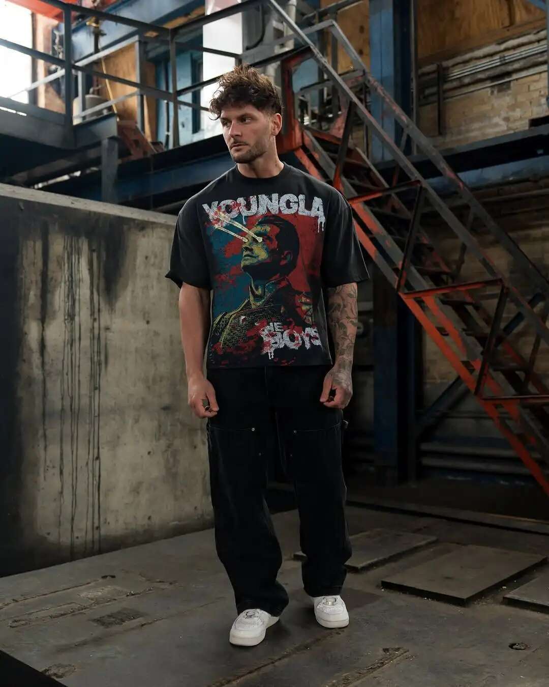 Y2K American Gothic Portrait Printed Cotton Short sleeved Men's Hip Hop Street Loose Fashion Personalized T-shirt