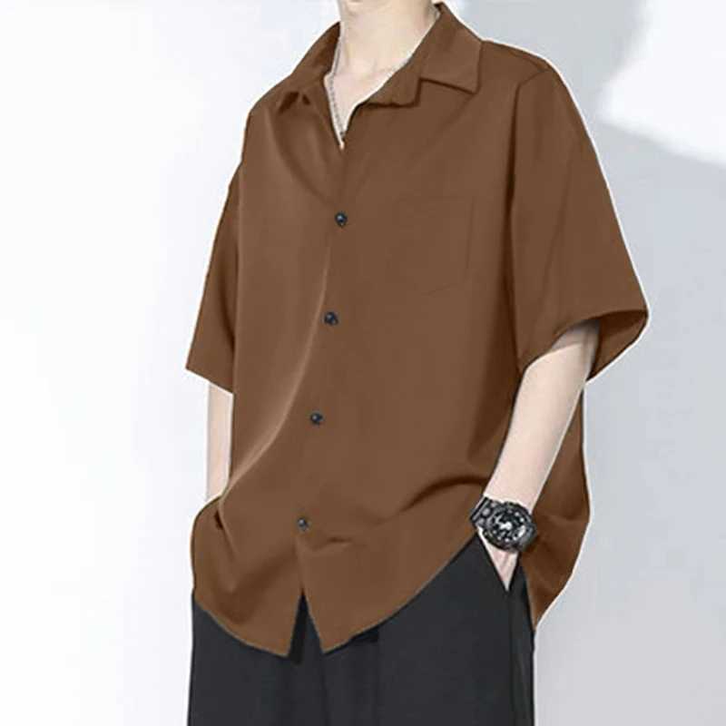 Mens summer silk short sleeved dress high-end loose fit casual solid color mens shirt W250408