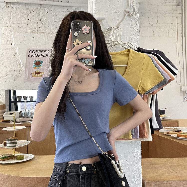 2025S Designer Women S T Shirt Summer T Shirt Women S Solid Color New High Waisted Slim Fit Spicy Girl Versatile Short Sleeved Square Neck Top Trend
