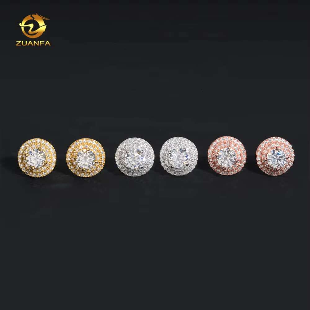 Hot Sale High Quality Two Row Halo 5mm Center Diamond Stud 925 Silver 18k Gold Stud Moissanite Earrings