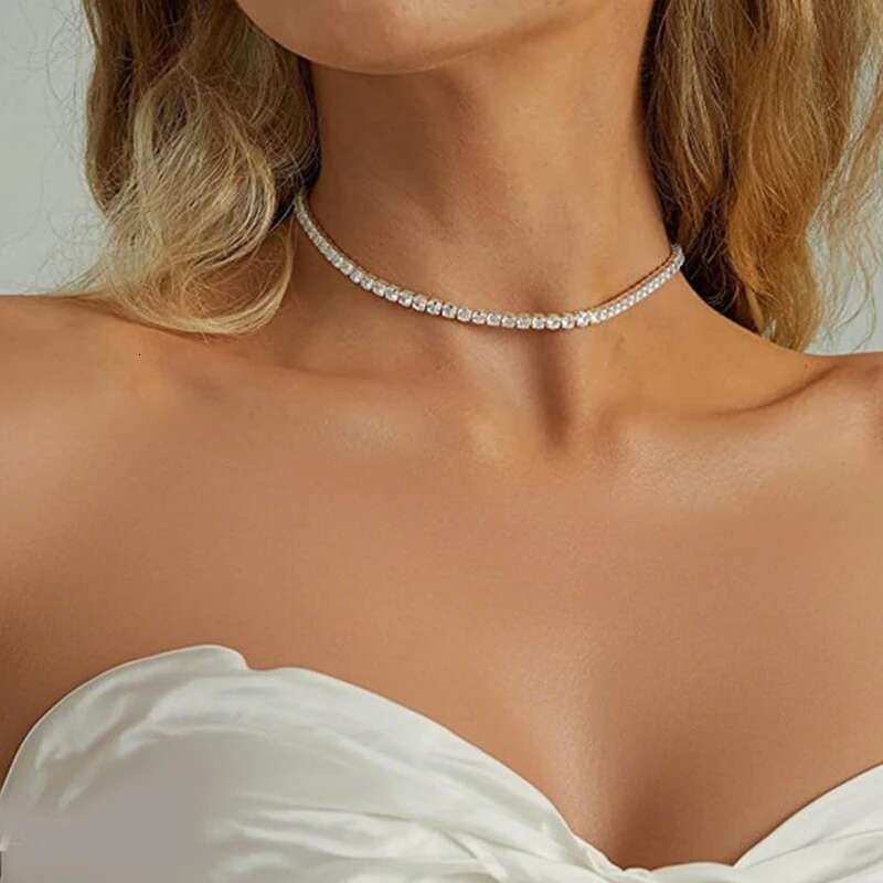 NeeTim 3/4/5mm Moissanite Tennis Necklace for Women Man S925 Silver with 18k Gold Plated Neck Chains Trendy Hiphop Party Jewelry