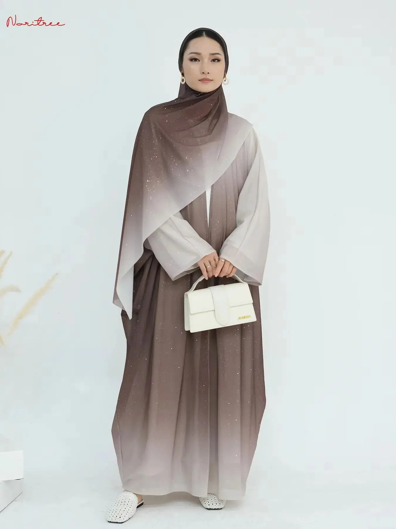 Fashion gradient shiny Muslim dress robe Abaya womens fulllength clothing worship service with scarf wy2115 250409