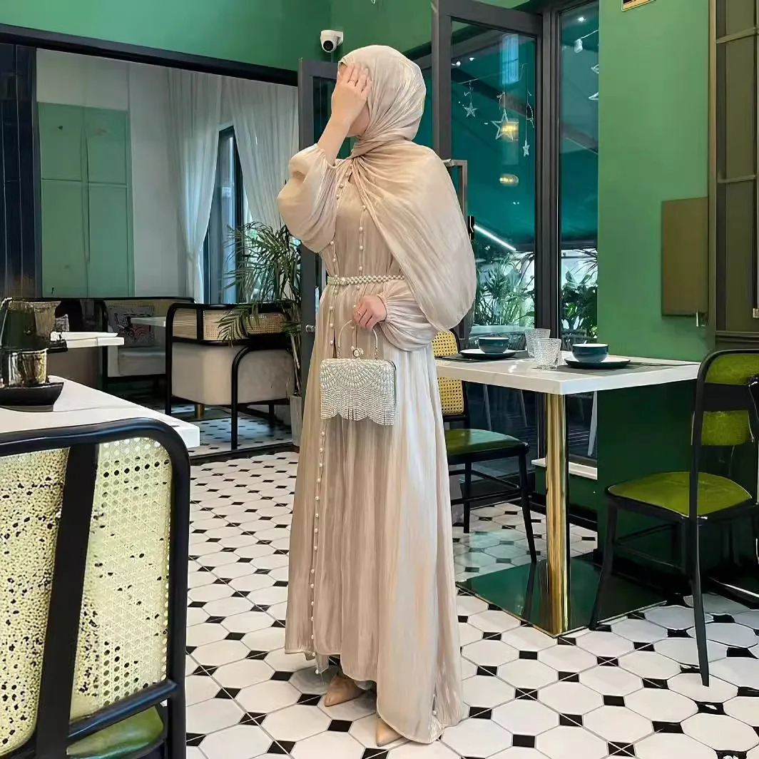 Elegant beaded cardigan with fluffy sleeves prayer dress Muslim suit sleeveless suitable for Dubai Abaya 250409