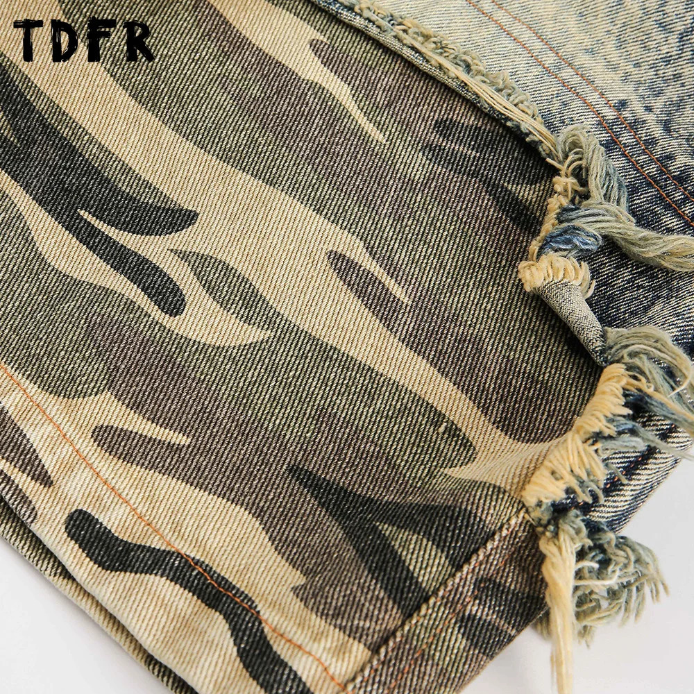 Camouflage patchwork denim shorts mens summer retro streetwear uncomfortable to wash loose wide leg 250409