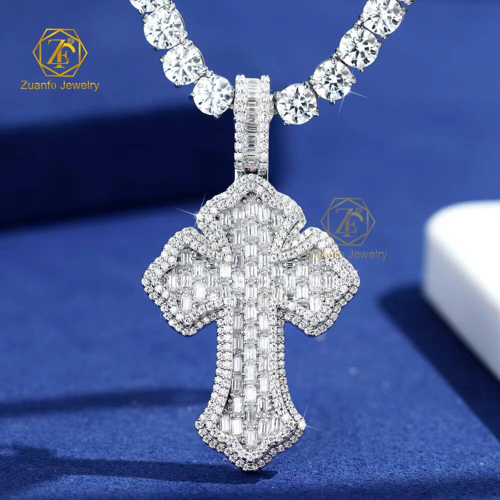 Custom Moissanite Cross Pendant White Gold Plated 925 Sterling Silver Baguette Diamonds Ice Out Hiphop Men Pendant