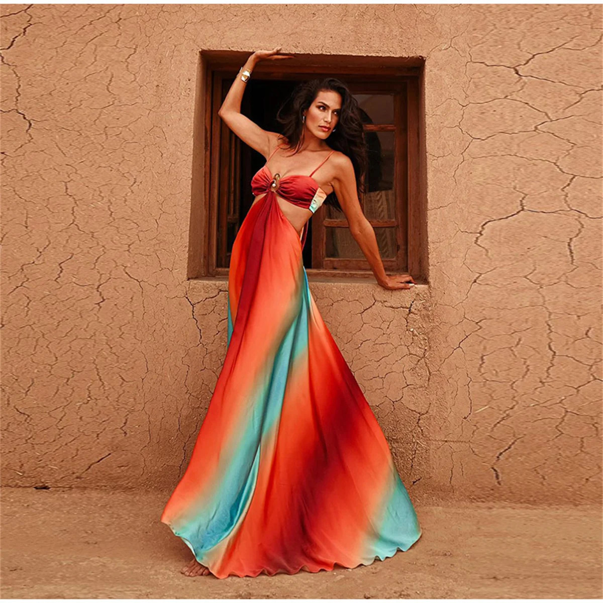 womens tie dye gradient slim waist long skirt sexy comparison hollow pleated hem dress fashionable party holiday 250409