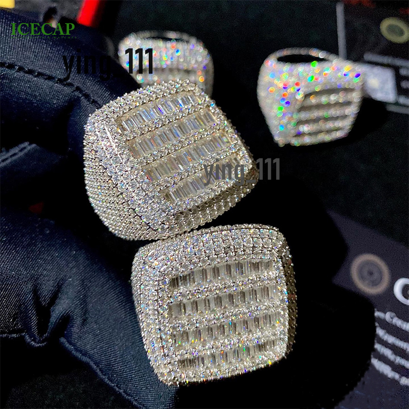 Iced Out Hip Hop Jewelry Baguette Cut VVS Moissanite Ring 925 Silver White Gold Plated Men Women Ring