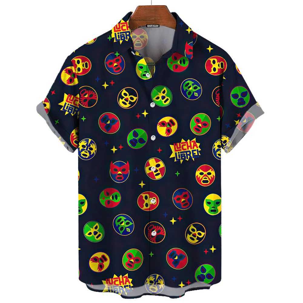 3D mask print mens summer lucha libre short sleeved casual Hawaiian mens loose clothing Mexican wrestling W250408