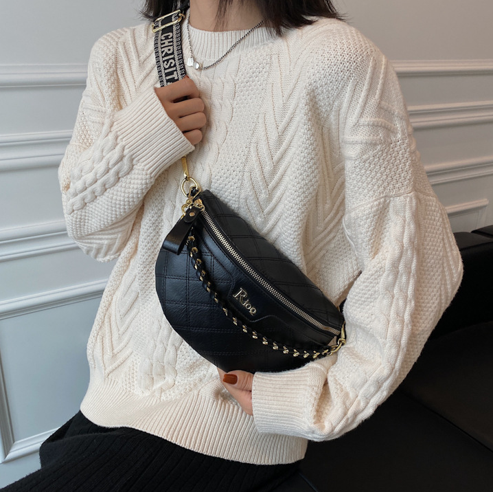Free Shipping Black & Off-White Quilted Letter Logo Chest Bag Gold Chain Decor Fashion Waist Bag Printed Wide Strap Daily Multi-Use French Style Bag