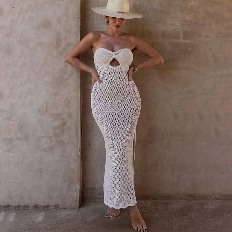 2023 Summer New Blogger Bra Style Open Mesh Hollow Knitted Elastic Wrapped Hip Spicy Girl Dress